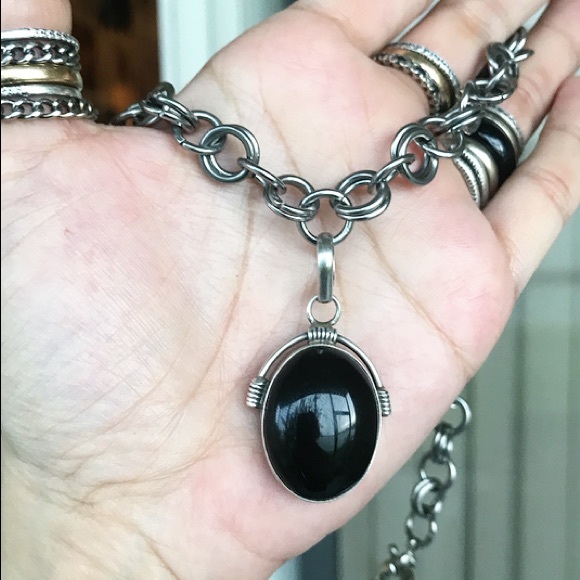 Sterling silver onyx pendant + choker steel chain - Picture 2 of 8
